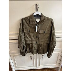 Maeve Anthropologie Flounced Utility Shirt Olive Green NWT XS Collared